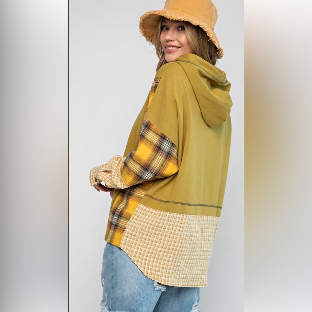 Plaid Panel Olive & Mustard Hooded Button-Down Shirt